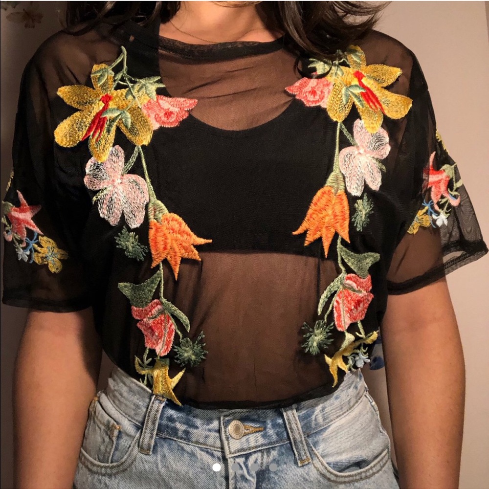 ZARA Flower Embroidered Mesh Top